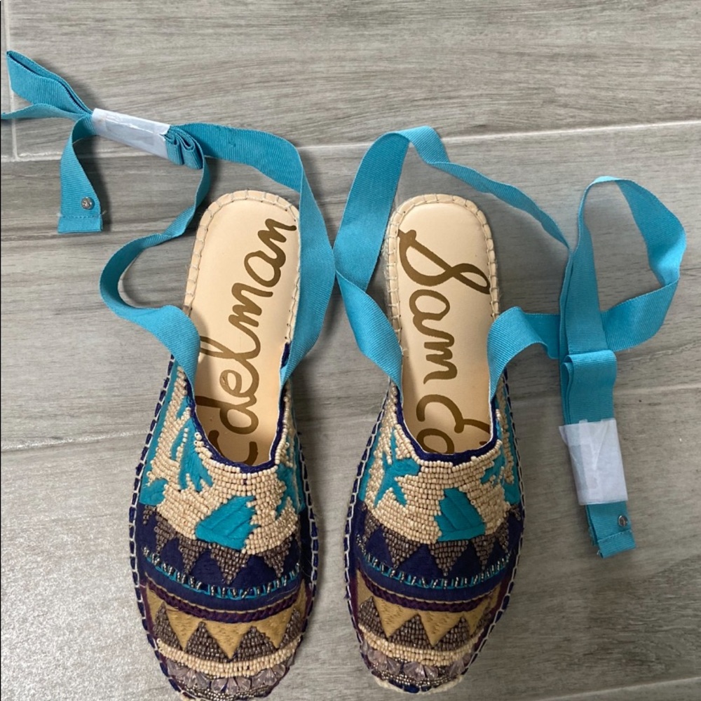 Sam Edelman beaded, closed toe, flat espadrilles, ankle tie sandals. Size 7, New